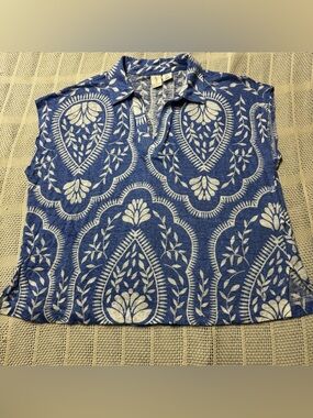 Joie 100% Linen Sleeveless Blue White Paisley Top